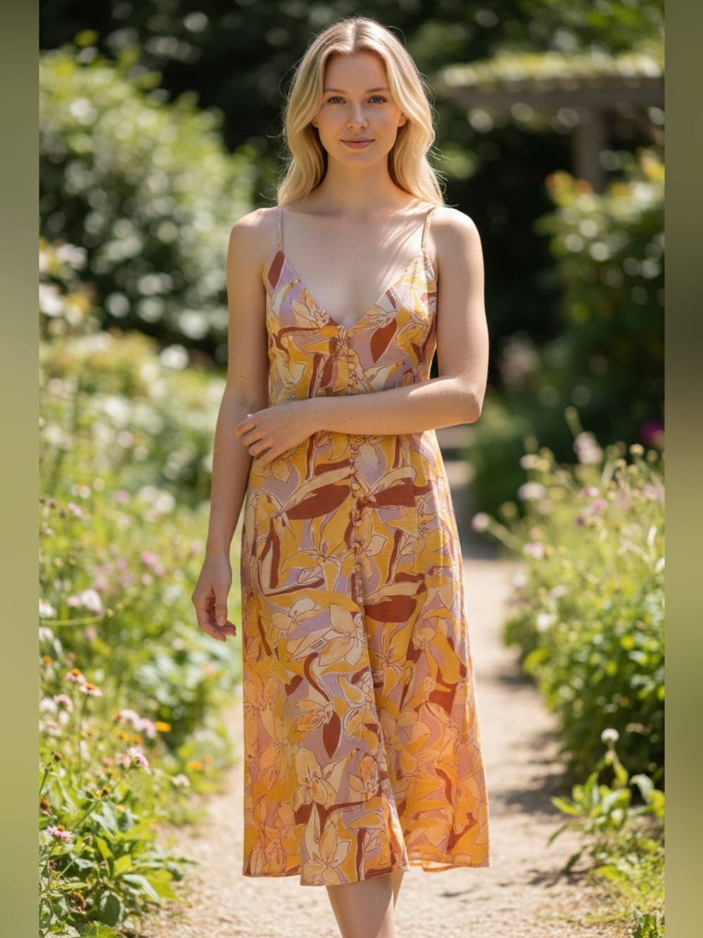Nine West Yellow Pink Floral Midi Slip Dress